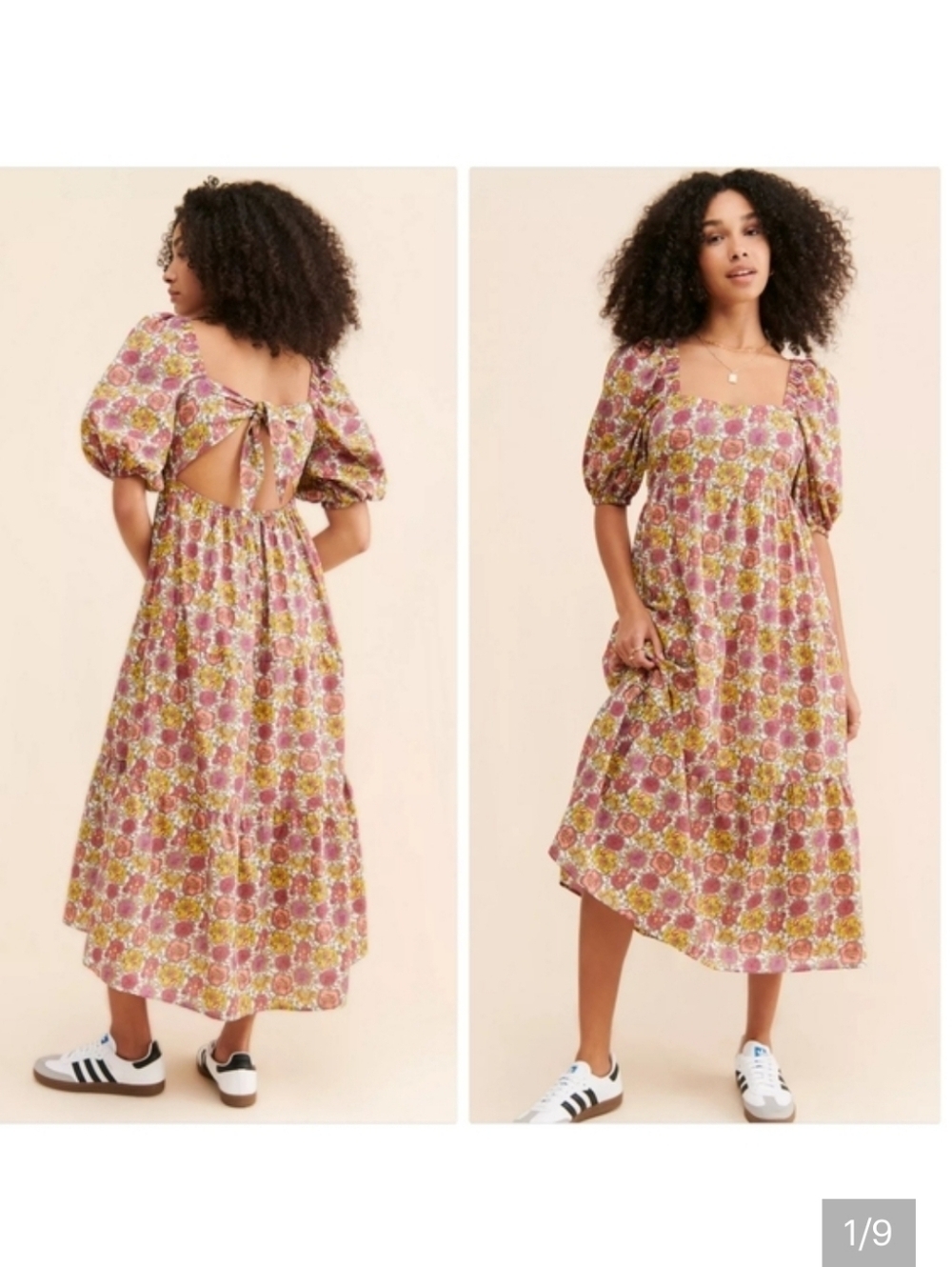 MinkPink Women's Yasamin Printed Puff-Sleeve Open-Back Tiered Midi Dress Small